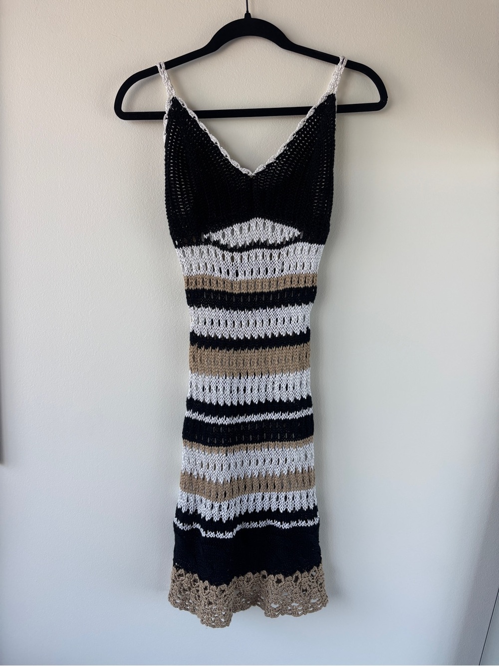 Striped Crochet Slip Mini Dress in Black, White & Tan